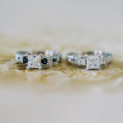 Deco Three Stone Blue Sapphire Diamond Engagement Ring