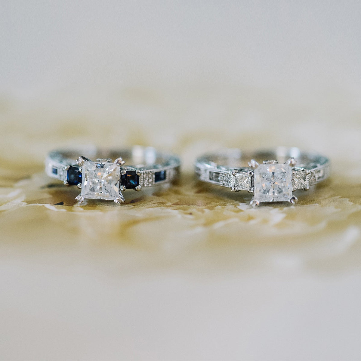 Deco Three Stone Blue Sapphire Diamond Engagement Ring