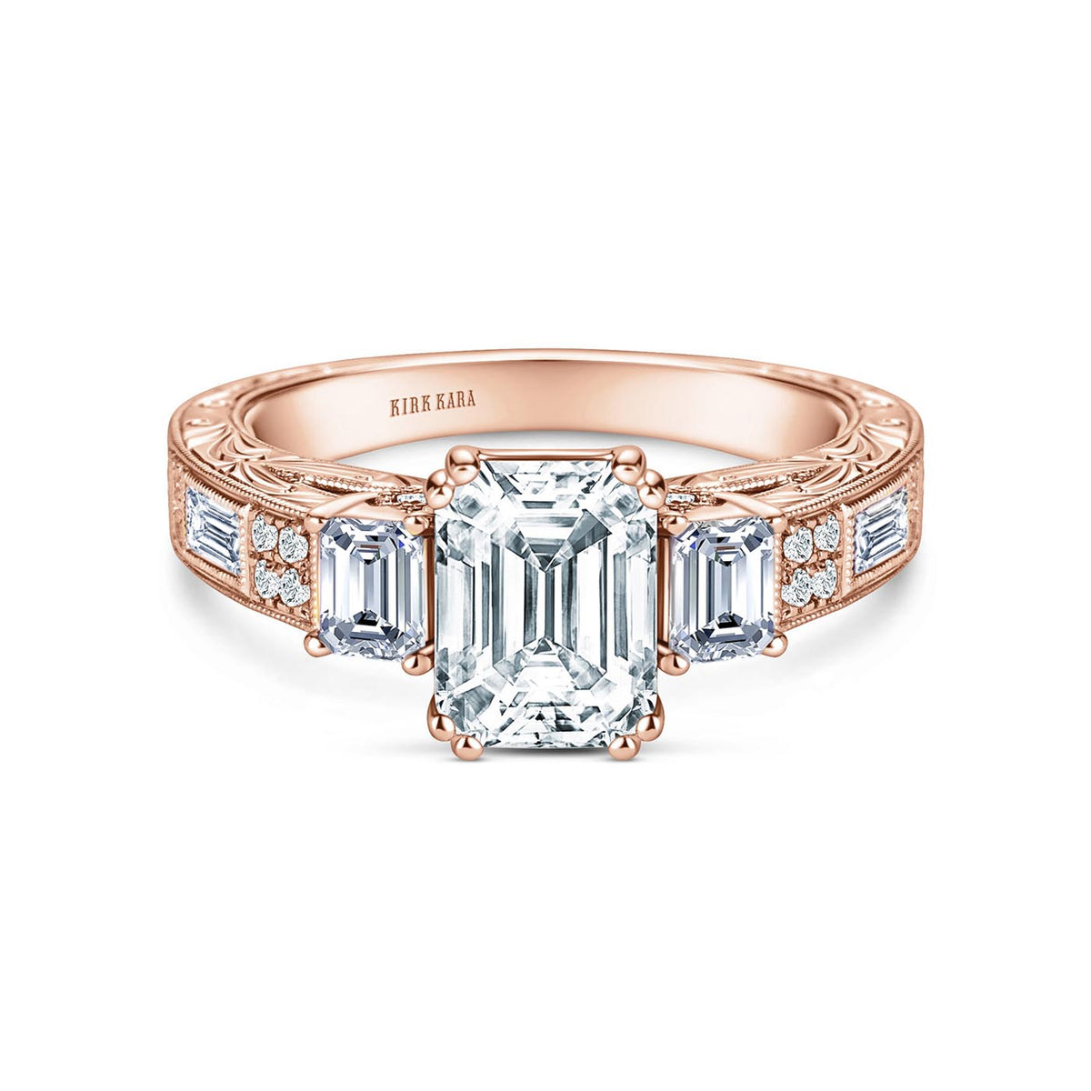 Deco Three Stone Engraved Baguette Diamond Engagement Ring