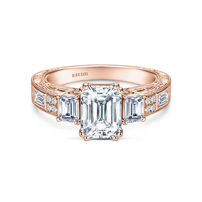 Deco Three Stone Engraved Baguette Diamond Engagement Ring