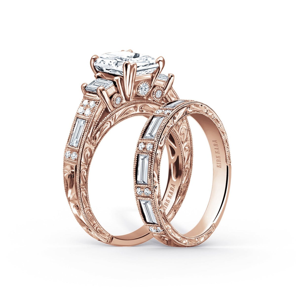 Deco Three Stone Engraved Baguette Diamond Engagement Ring
