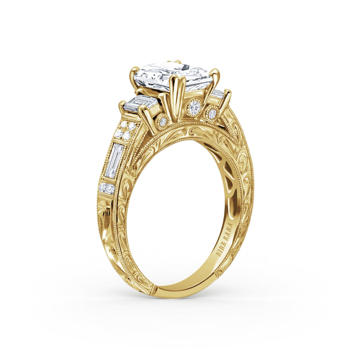 Deco Three Stone Engraved Baguette Diamond Engagement Ring
