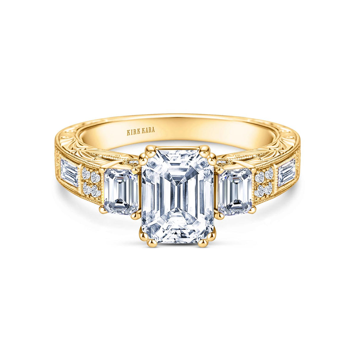 Deco Three Stone Engraved Baguette Diamond Engagement Ring