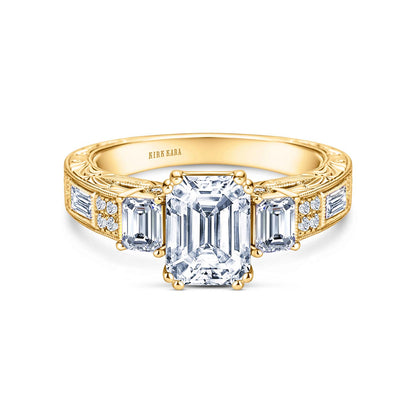 Deco Three Stone Engraved Baguette Diamond Engagement Ring