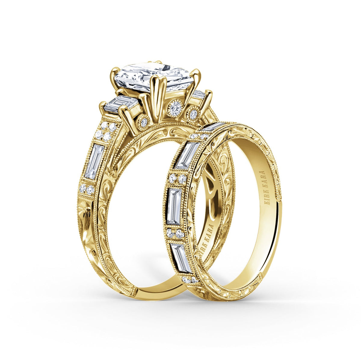 Deco Three Stone Engraved Baguette Diamond Engagement Ring