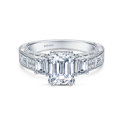 Deco Three Stone Engraved Baguette Diamond Engagement Ring