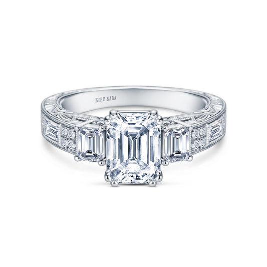 Deco Three Stone Engraved Baguette Diamond Engagement Ring