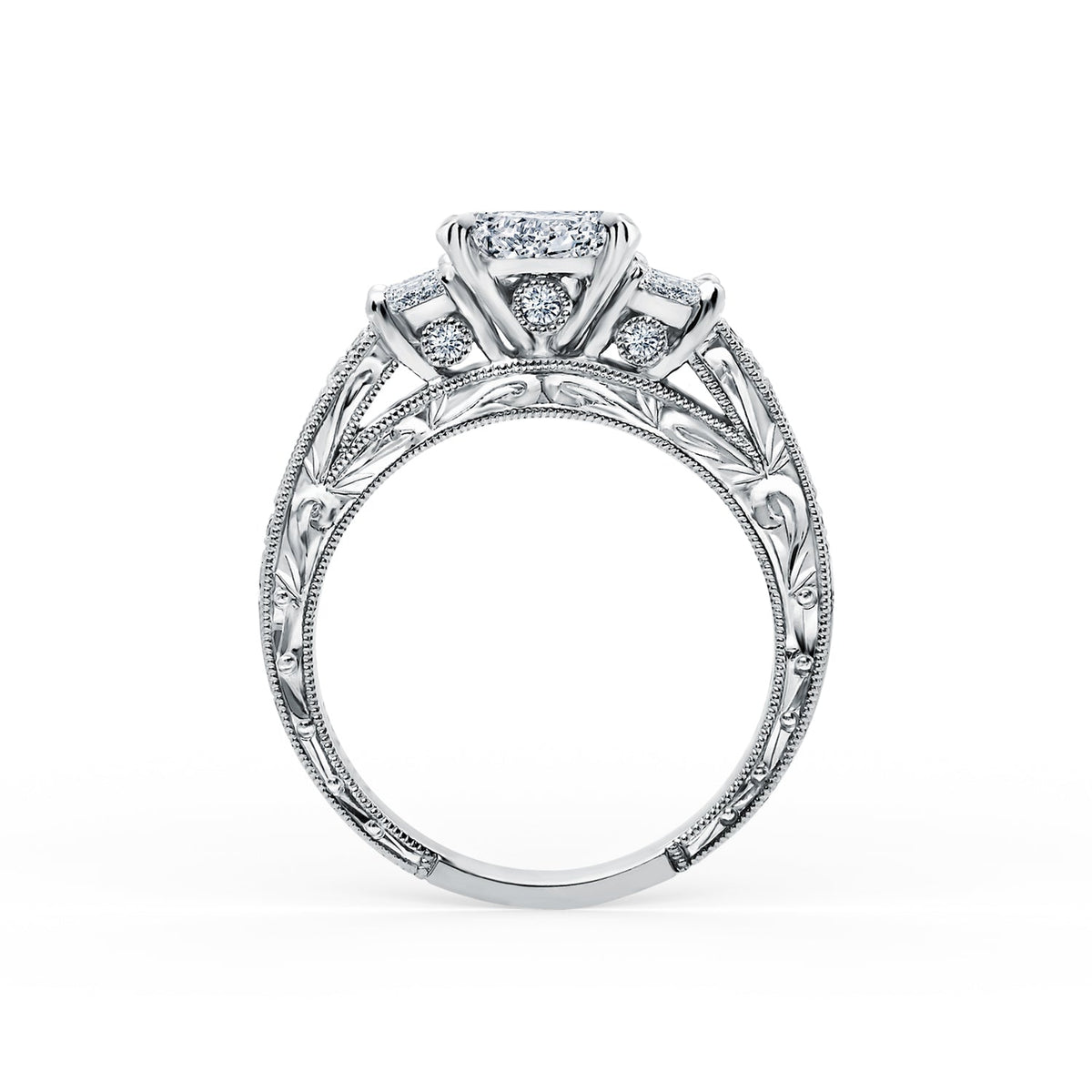 Deco Three Stone Engraved Baguette Diamond Engagement Ring