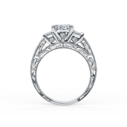 Deco Three Stone Engraved Baguette Diamond Engagement Ring