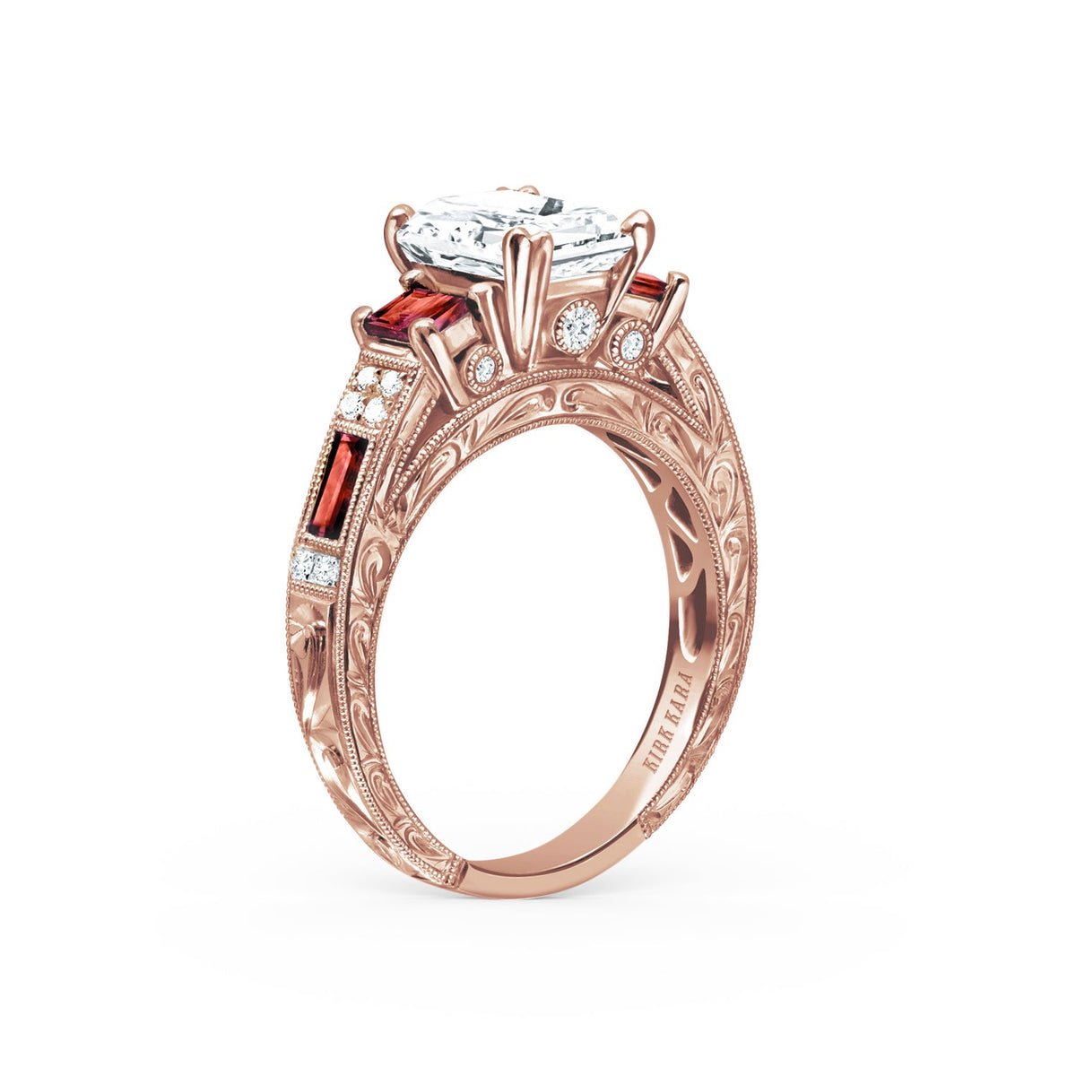 Deco Three Stone Engraved Ruby Baguette Diamond Engagement Ring
