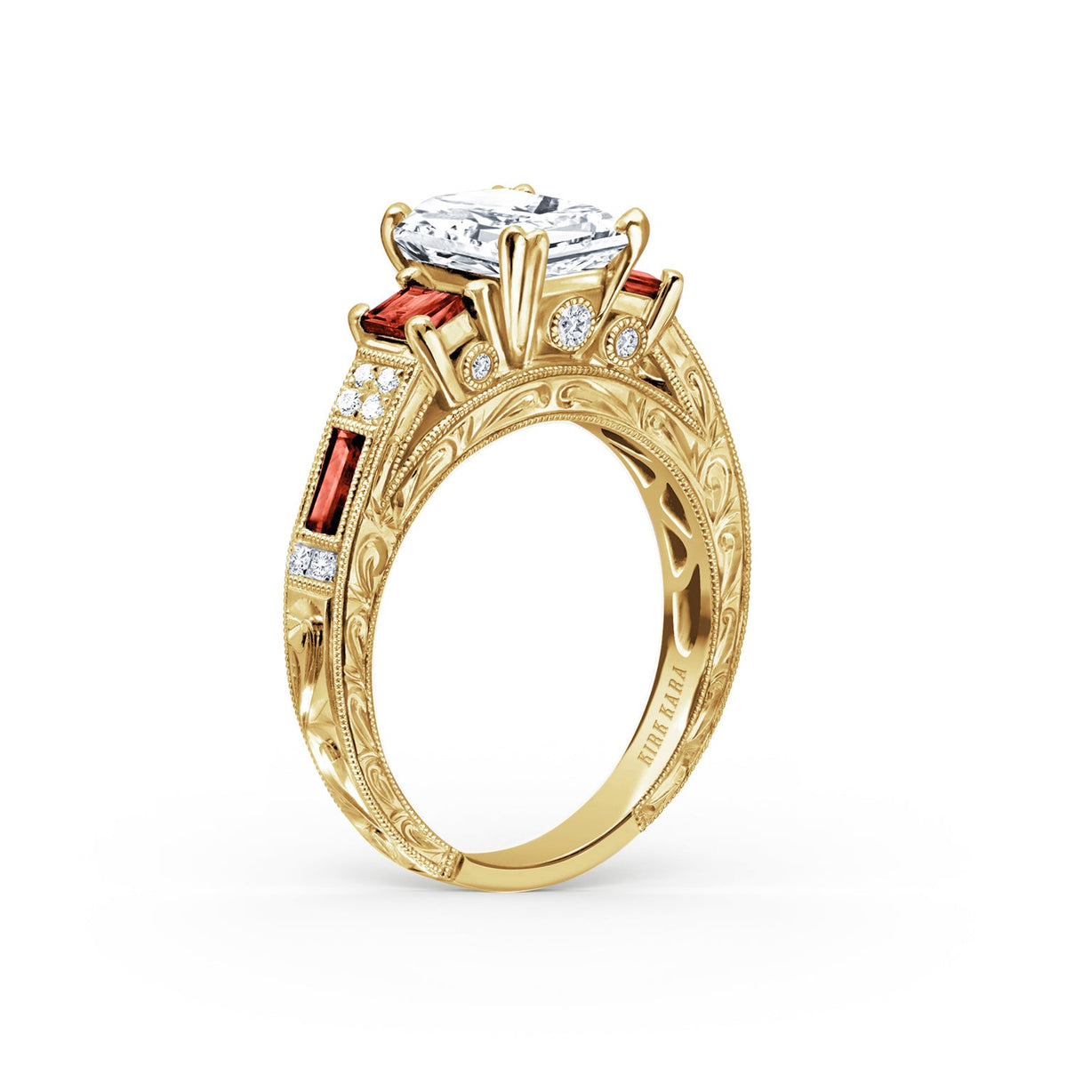 Deco Three Stone Engraved Ruby Baguette Diamond Engagement Ring
