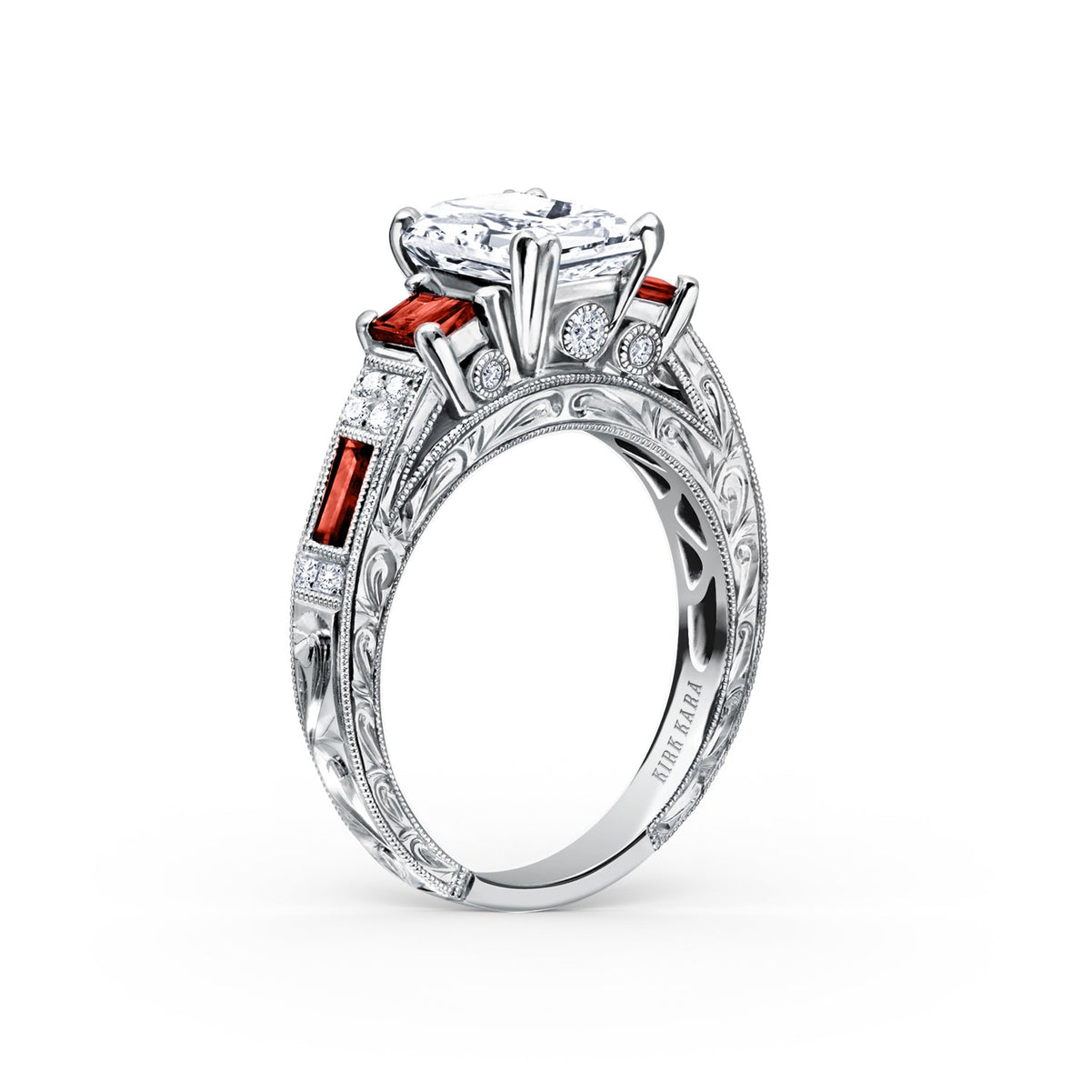 Deco Three Stone Engraved Ruby Baguette Diamond Engagement Ring