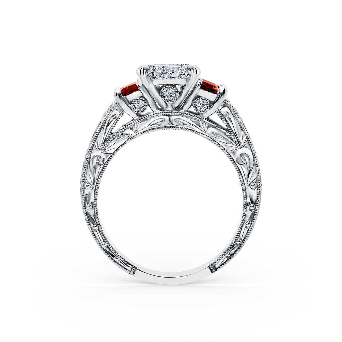Deco Three Stone Engraved Ruby Baguette Diamond Engagement Ring