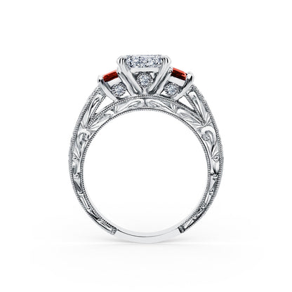 Deco Three Stone Engraved Ruby Baguette Diamond Engagement Ring