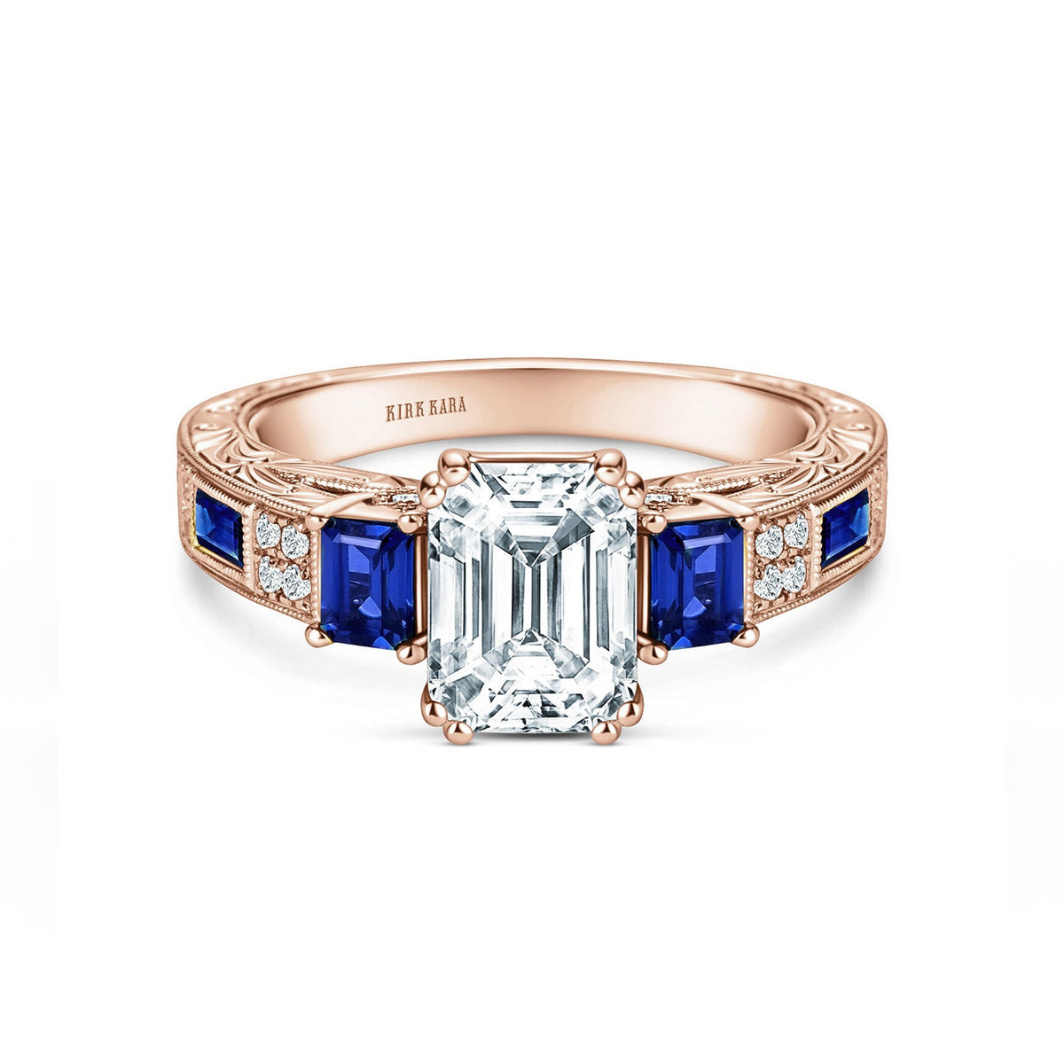 Deco Three Stone Engraved Blue Sapphire Baguette Diamond Engagement Ring