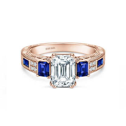 Deco Three Stone Engraved Blue Sapphire Baguette Diamond Engagement Ring
