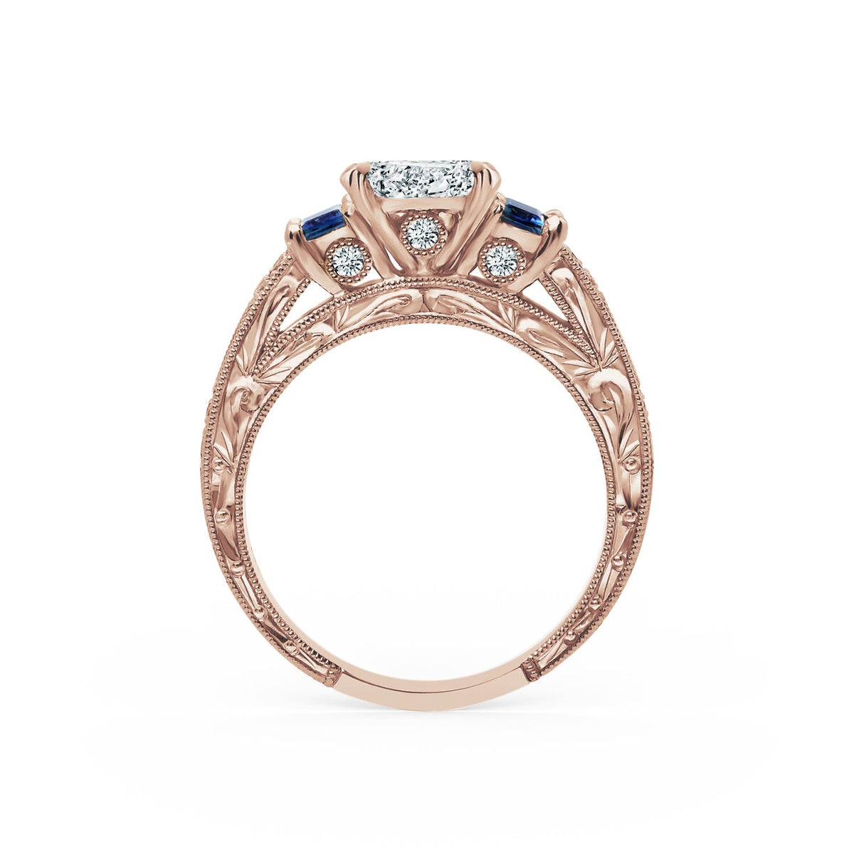 Deco Three Stone Engraved Blue Sapphire Baguette Diamond Engagement Ring