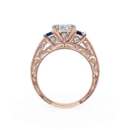 Deco Three Stone Engraved Blue Sapphire Baguette Diamond Engagement Ring