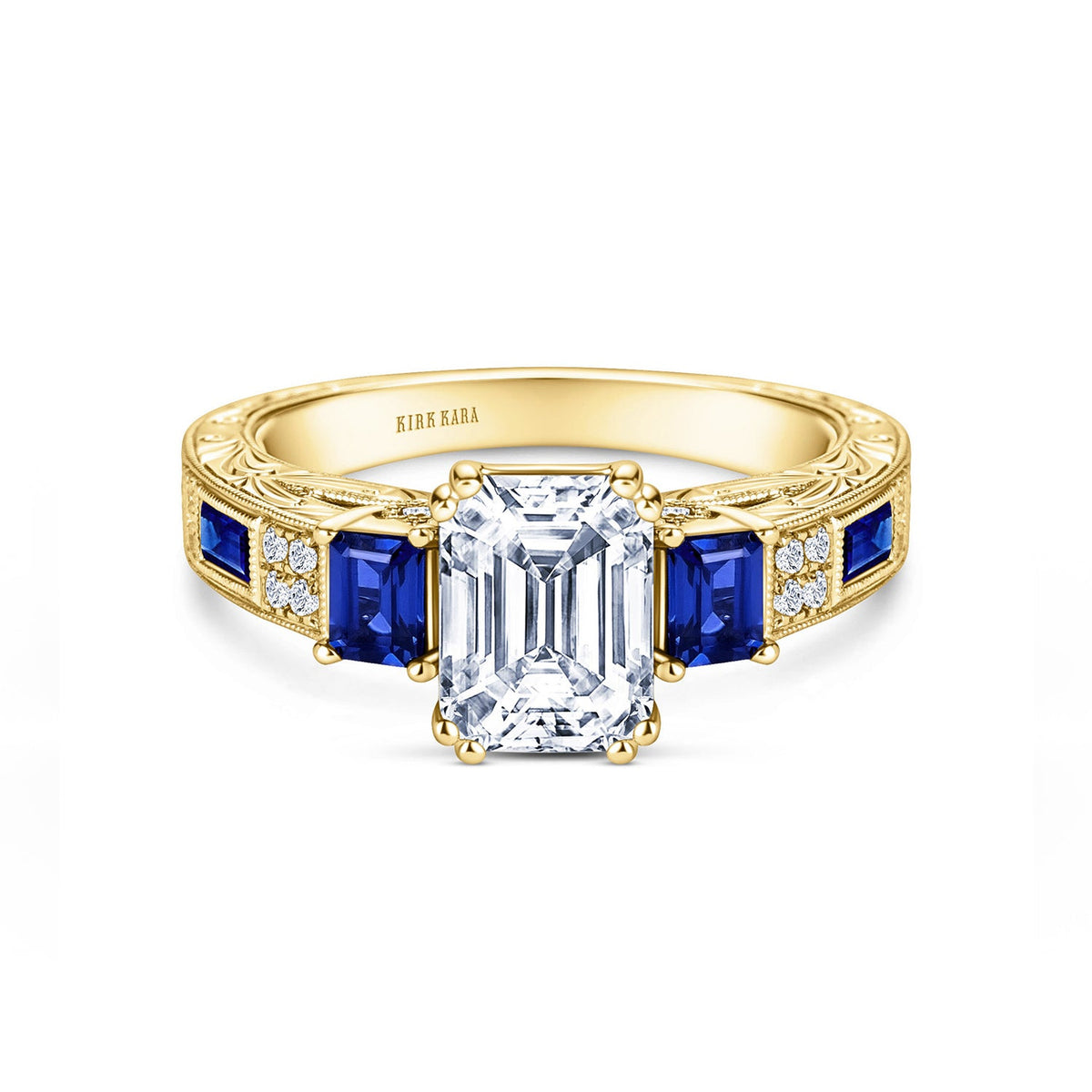 Deco Three Stone Engraved Blue Sapphire Baguette Diamond Engagement Ring