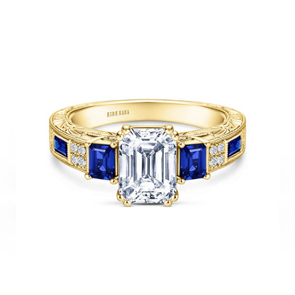 Deco Three Stone Engraved Blue Sapphire Baguette Diamond Engagement Ring