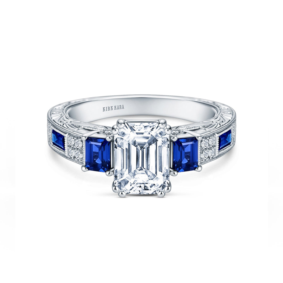 Deco Three Stone Engraved Blue Sapphire Baguette Diamond Engagement Ring