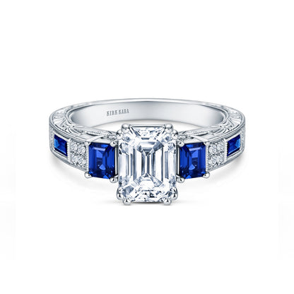 Deco Three Stone Engraved Blue Sapphire Baguette Diamond Engagement Ring