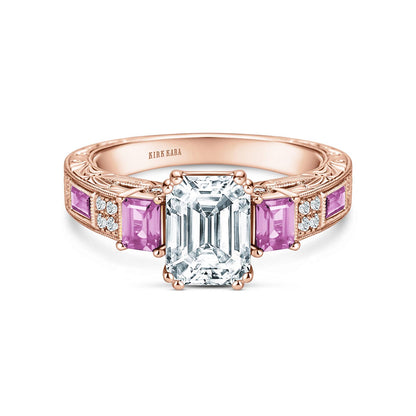 Deco Three Stone Engraved Pink Sapphire Baguette Diamond Engagement Ring