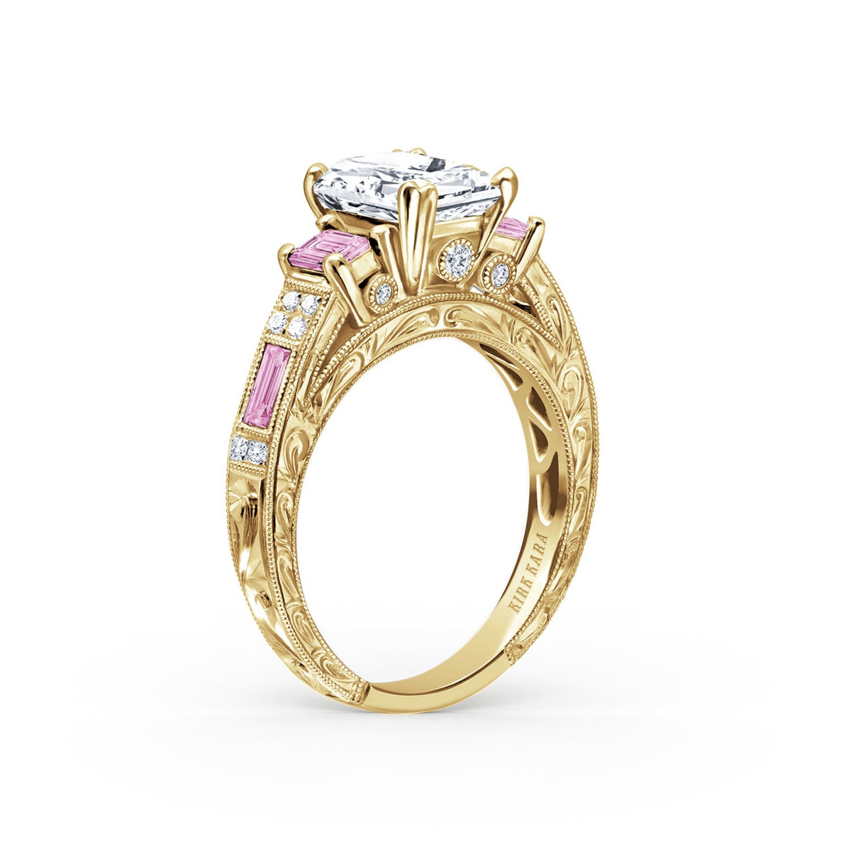 Deco Three Stone Engraved Pink Sapphire Baguette Diamond Engagement Ring