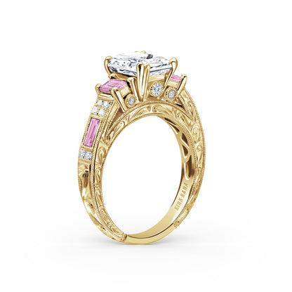 Deco Three Stone Engraved Pink Sapphire Baguette Diamond Engagement Ring