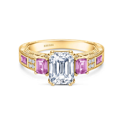 Deco Three Stone Engraved Pink Sapphire Baguette Diamond Engagement Ring