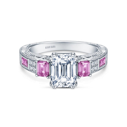 Deco Three Stone Engraved Pink Sapphire Baguette Diamond Engagement Ring