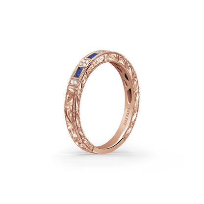 Baguette Blue Sapphire Diamond Scroll Engraved Wedding Band