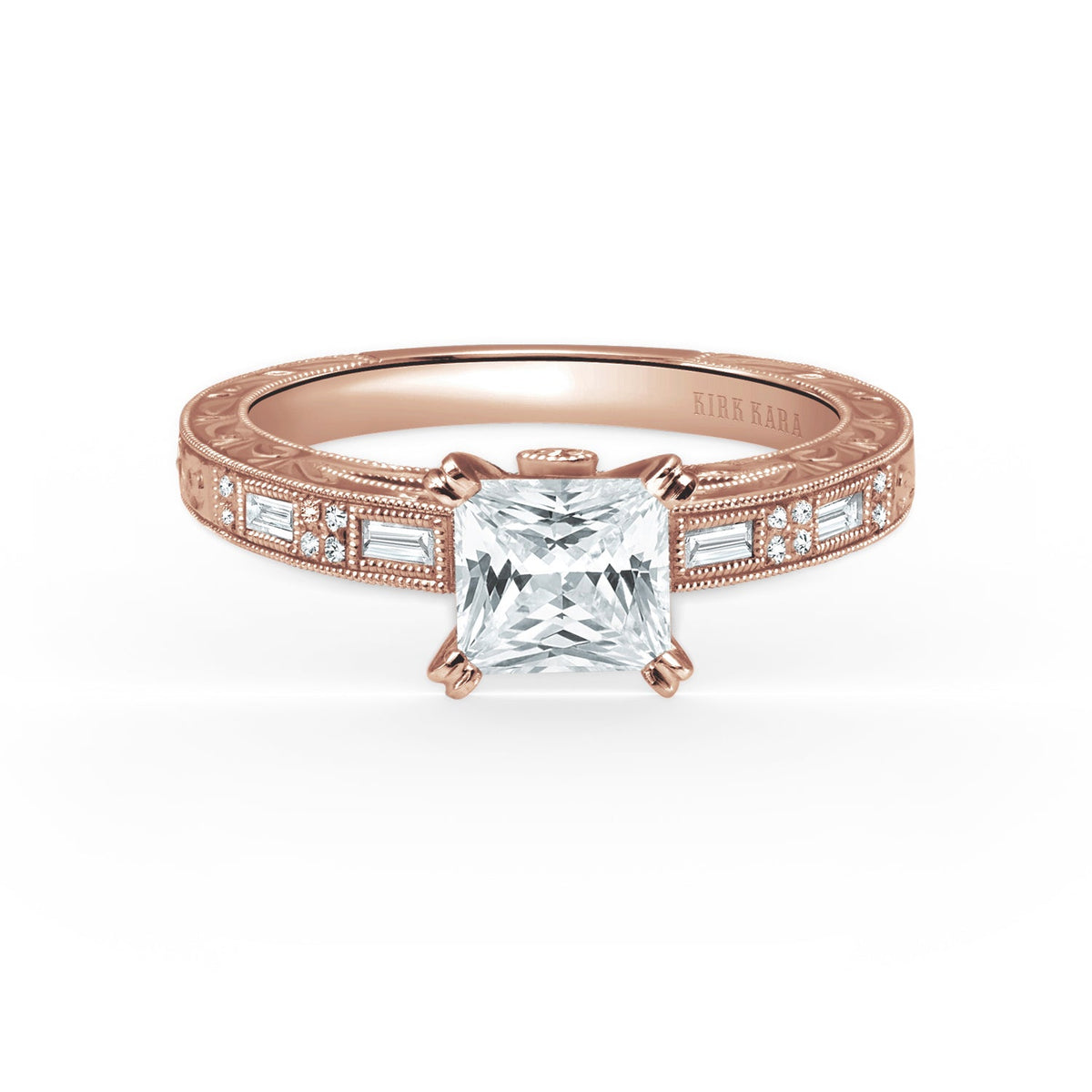 Deco Engraved Baguette Diamond Engagement Ring