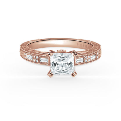 Deco Engraved Baguette Diamond Engagement Ring