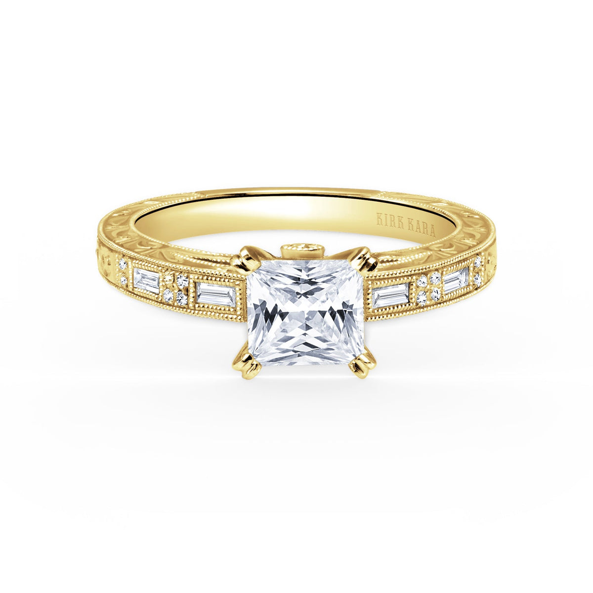 Deco Engraved Baguette Diamond Engagement Ring