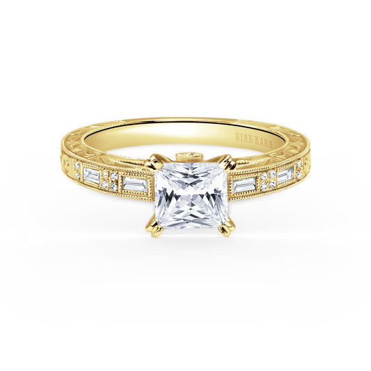 Deco Engraved Baguette Diamond Engagement Ring