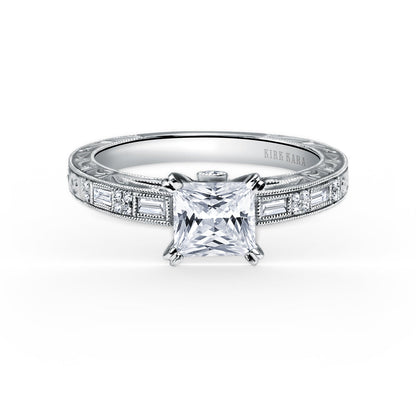 Deco Engraved Baguette Diamond Engagement Ring