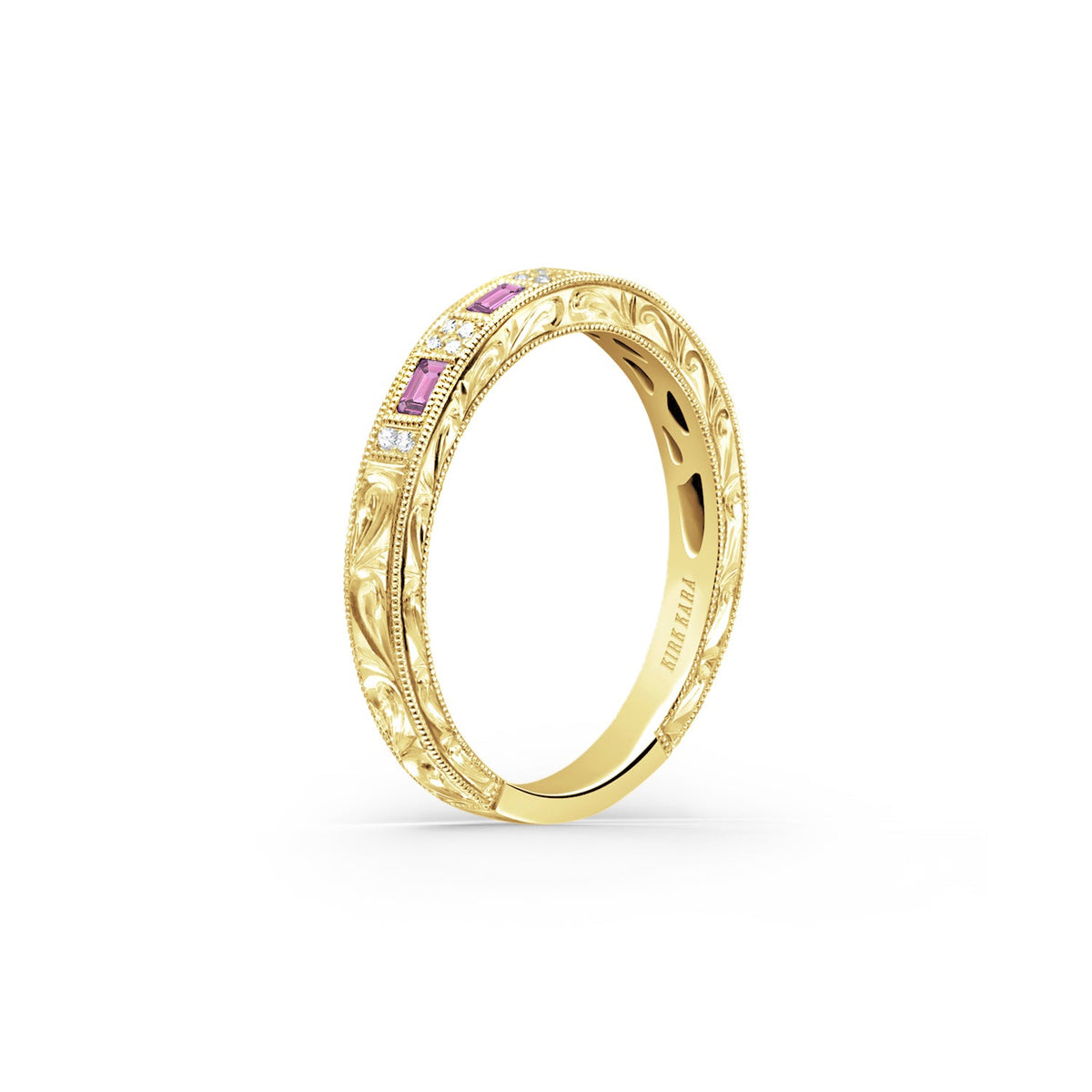 Baguette Pink Sapphire Diamond Scroll Engraved Wedding Band