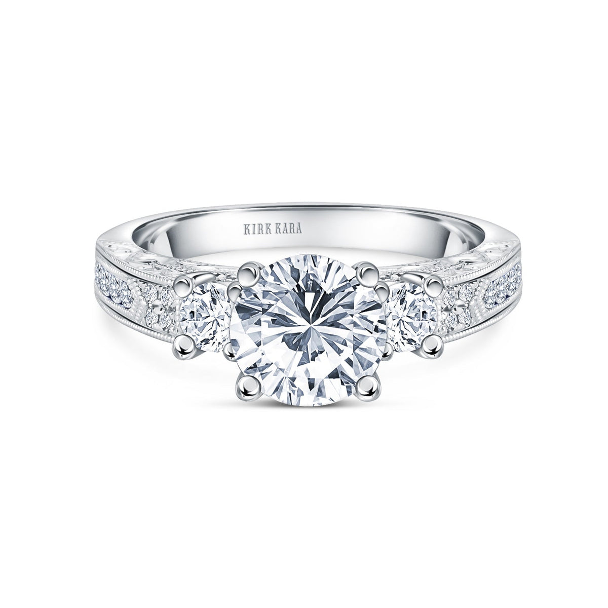 Engraved Deco Diamond Three Stone Engagement Ring