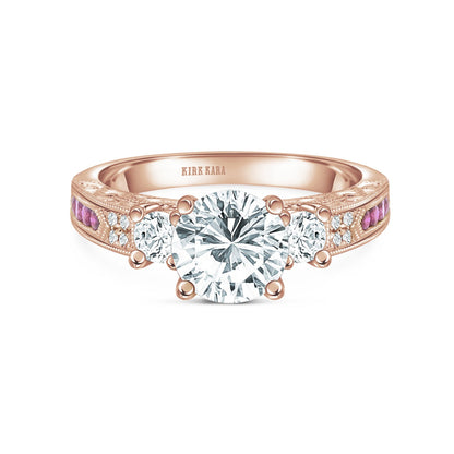 Engraved Deco Pink Sapphire Diamond Three Stone Engagement Ring