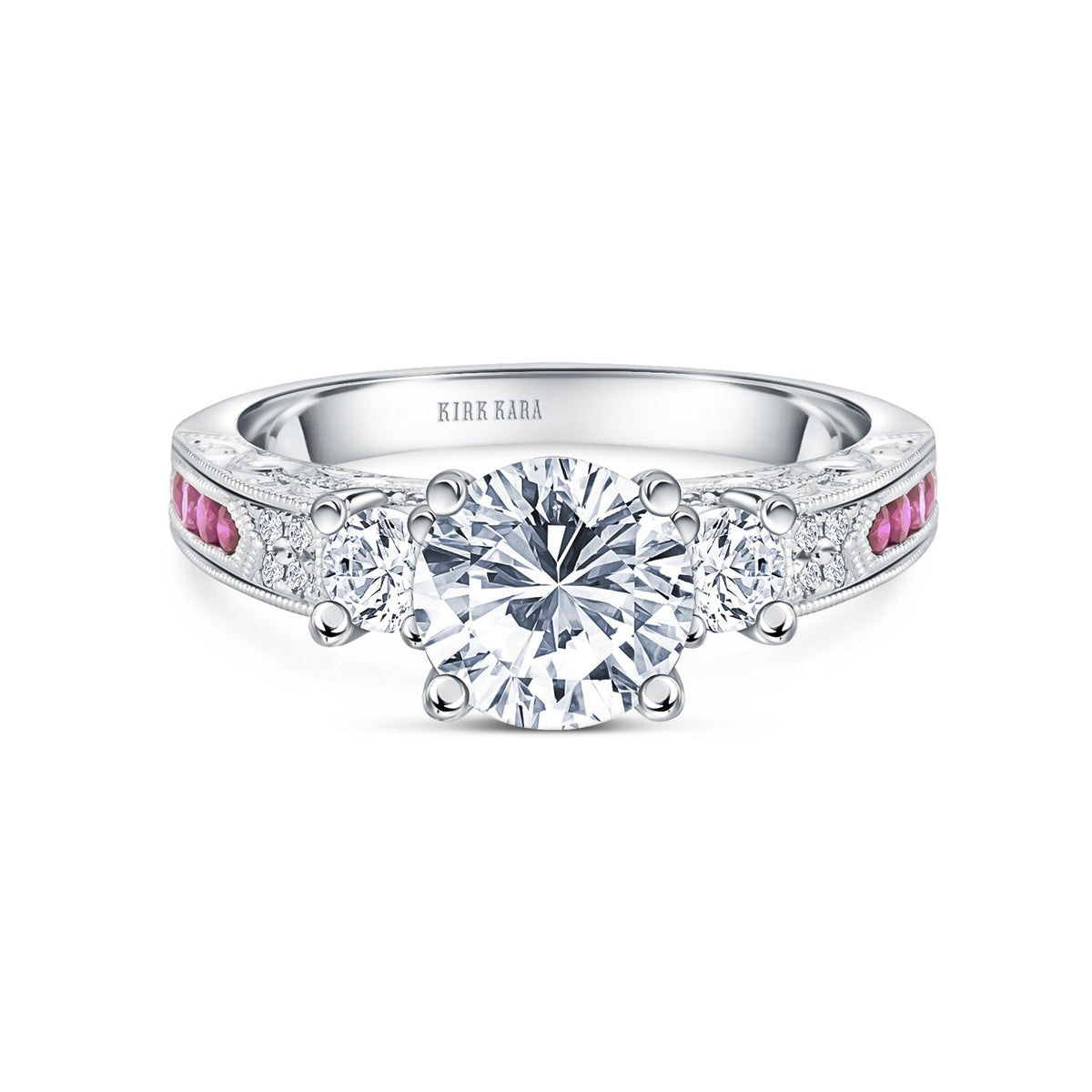 Engraved Deco Pink Sapphire Diamond Three Stone Engagement Ring