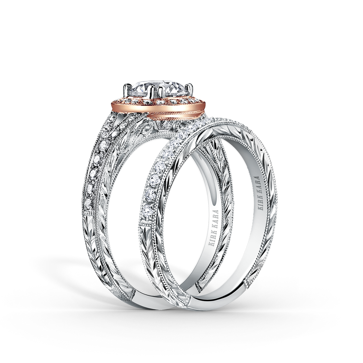 Elegant Halo Diamond Engraved Engagement Ring