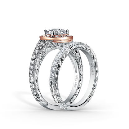 Elegant Halo Diamond Engraved Engagement Ring