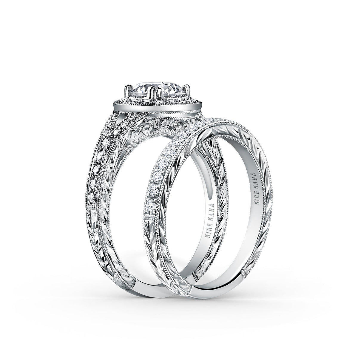 Elegant Halo Diamond Engraved Engagement Ring