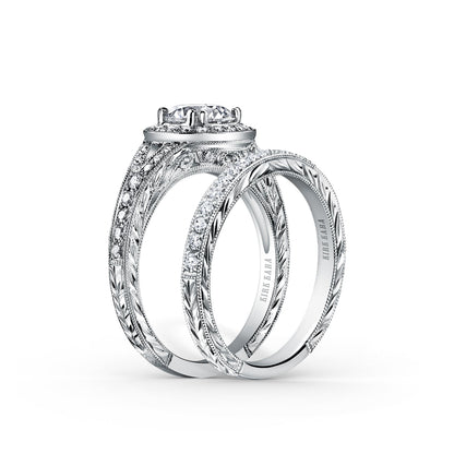 Elegant Halo Diamond Engraved Engagement Ring