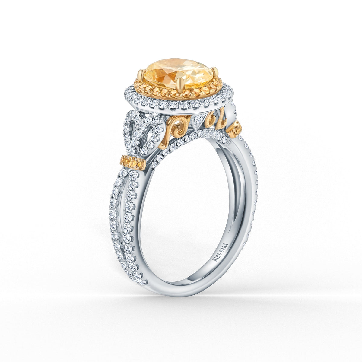 Romantic Bows Double Halo Yellow & White Diamond Engagement Ring