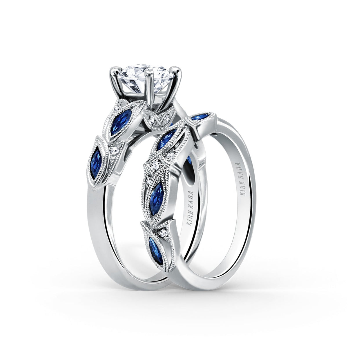 Botanical Floral Blue Sapphire Marquise Diamond Wedding Band