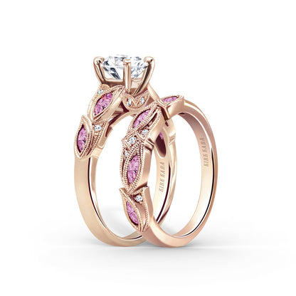 Botanical Floral Pink Sapphire Marquise Diamond Wedding Band