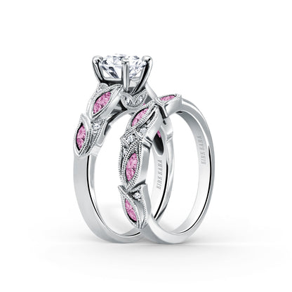 Botanical Floral Pink Sapphire Marquise Diamond Engagement Ring