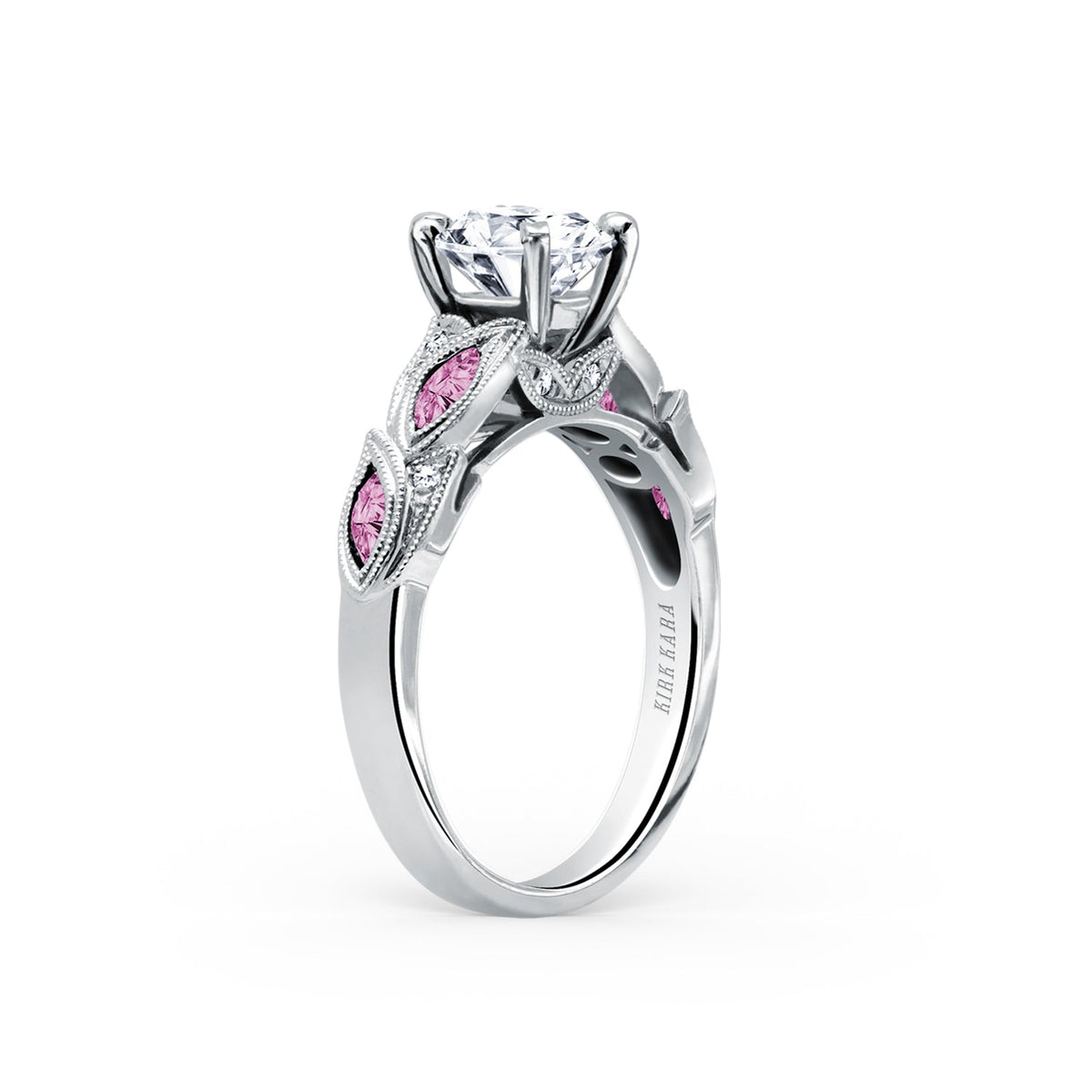 Botanical Floral Pink Sapphire Marquise Diamond Engagement Ring